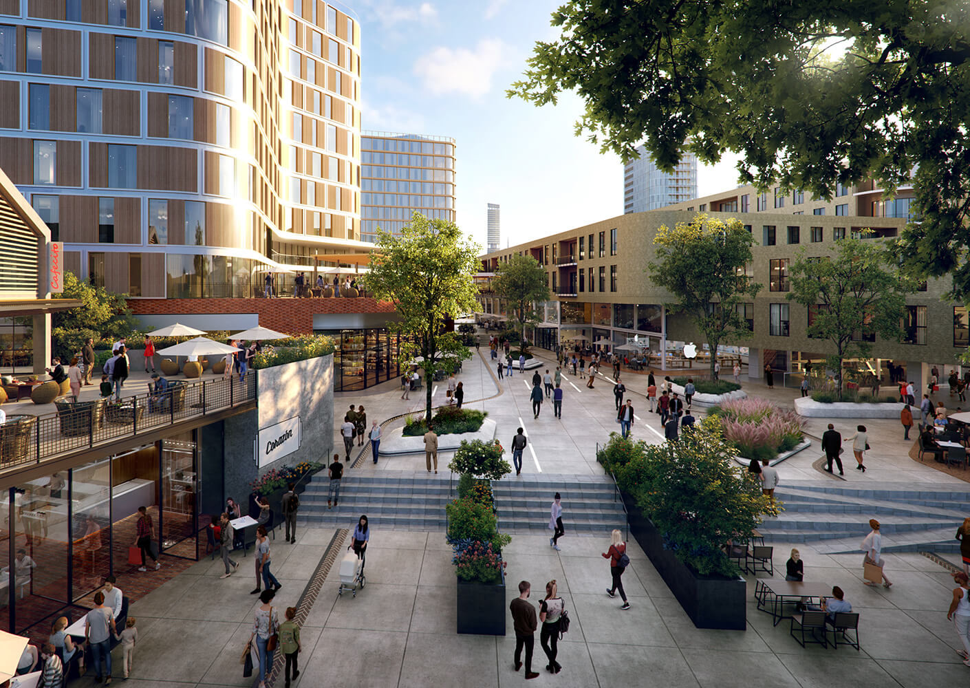 Mixed-use district plaza with people strolling and relaxing, surrounded by contemporary buildings and greenery under a clear sky.